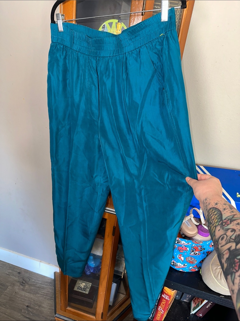 Eight Degrees South 100% Silk Teal Women’s Elastic-Waist Tapered Pants